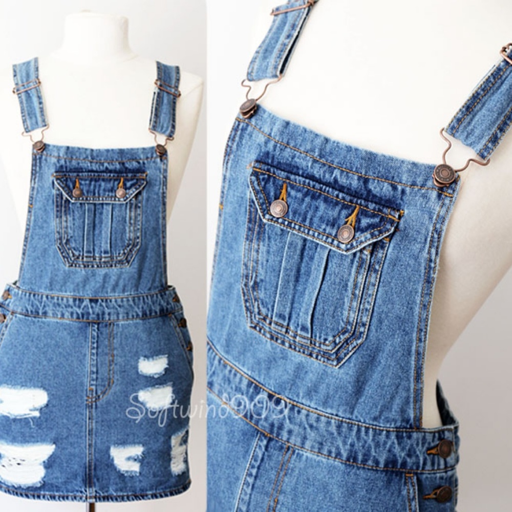 ❌Sold Out ❌Denim Blue Distress Overall Skirt Dress - Picture 2 of 8